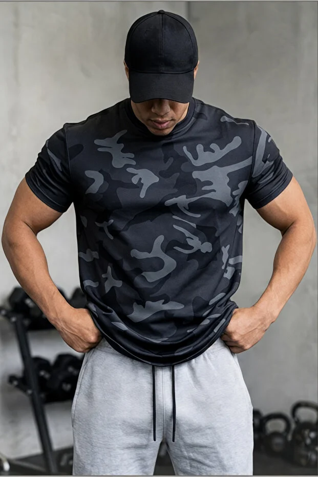 Erkek Nem Emici Hızlı Kuruma Atletik Teknik Kamuflaj Desenli Spor T-shirt